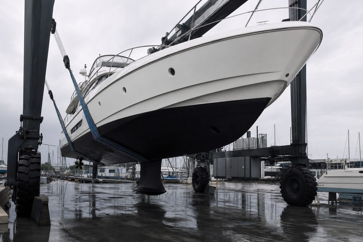 A motor yacht lifted in a travel-lift at a Singapore boatyard